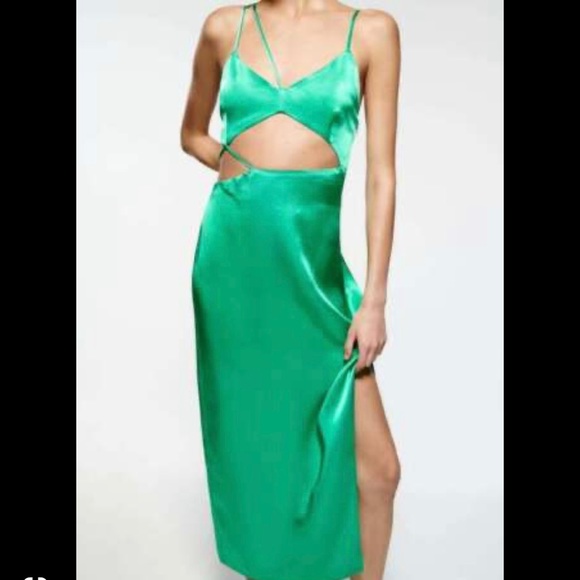 ZARA ASYMMETRIC green SATIN-FINISH DRESS - Picture 4 of 5
